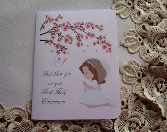 First Holy Communion, 1st Communion, Religious Event, Cherry Blossoms, Girl Praying, Greeting Card, Handmade