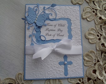 Personalized Baptism Card, Christening Card, Baby Boy, Religious Event, blue & white, butterfly, cross, greeting card, 3 dimensional