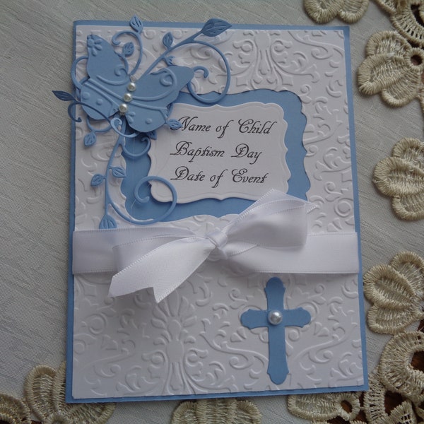 Personalized Baptism Card, Christening Card, Baby Boy, Religious Event, blue & white, butterfly, cross, greeting card, 3 dimensional