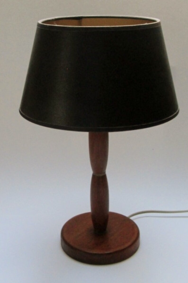 Danish Design 1960s Sixties Vintage Teak Brass Table Lamp With Black Shade In 110 Or 220 Volt