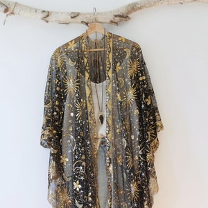 Lange kimono, gouden kimono met pailletten voor dames, sterren en maan