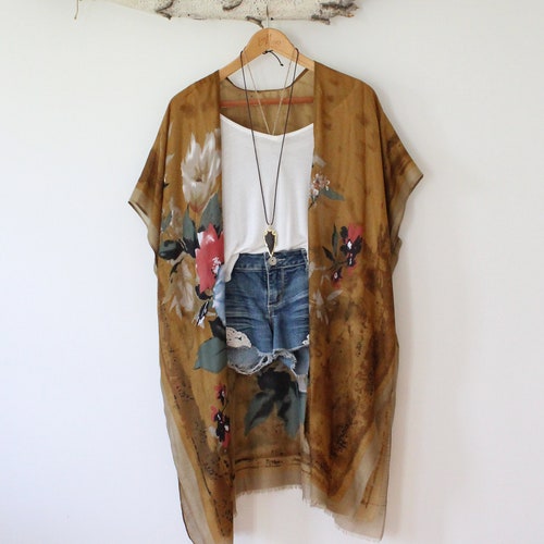 Kimono, GOLD RUSH, Flowy Bohemian Kimono with Floral Pattern, Cover-up, beachwear, bohemian, boho, floral