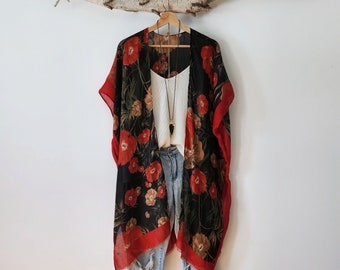 Kimono, POPPIES, Flowy Boho Kimono with floral pattern, Cover-up, beachwear, bohemian, bohemian, floral