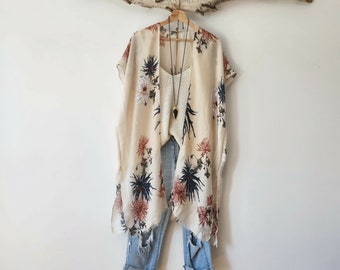 Kimono, BLAUWE DAHLIA, Kimono Boho Fluide met motief bloemen, cover-up, strandkleding, boho, boho, bloemen