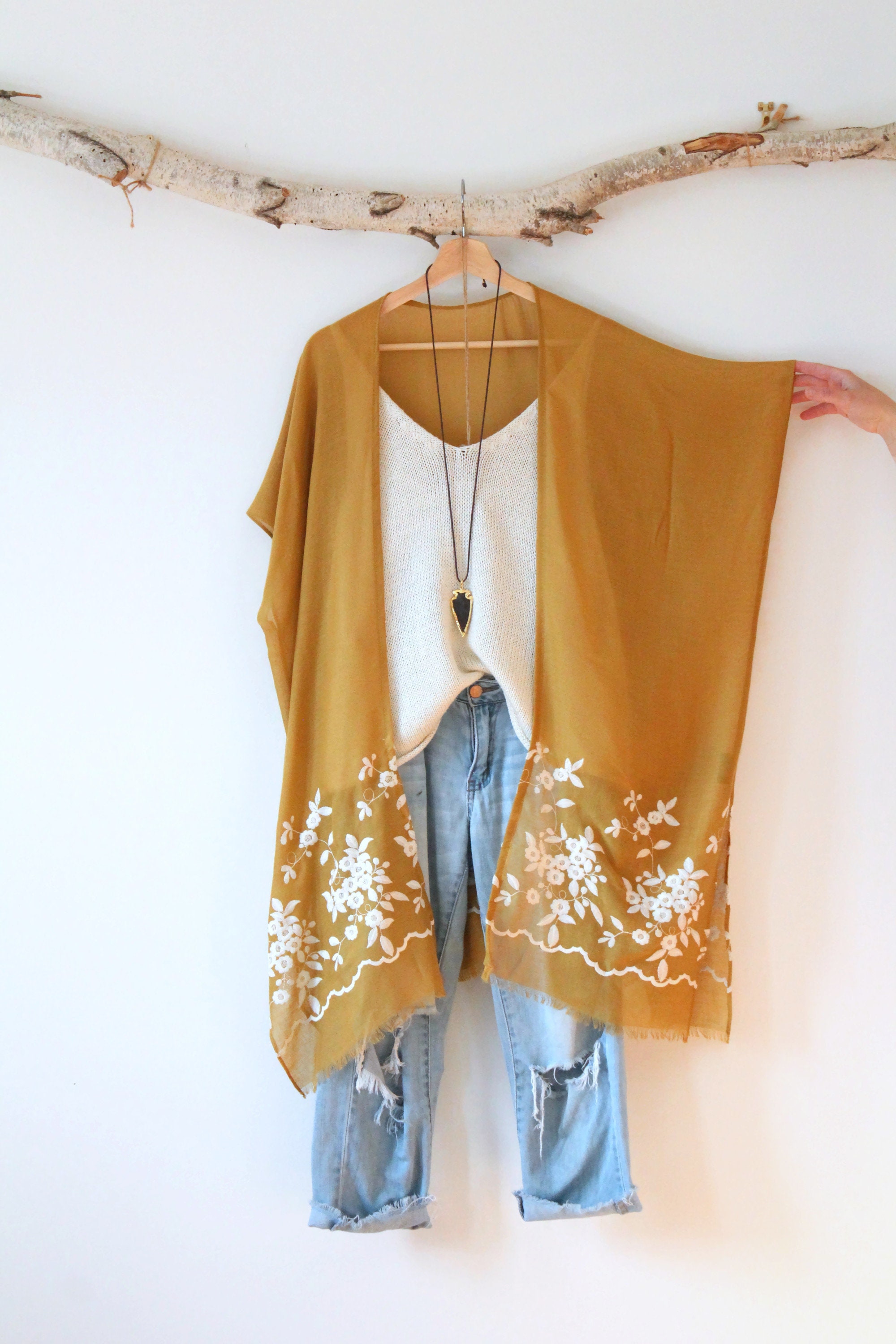 Kimono, HONEY MUSTARD, Bohemian Kimono with Embroidered White Flowers…
