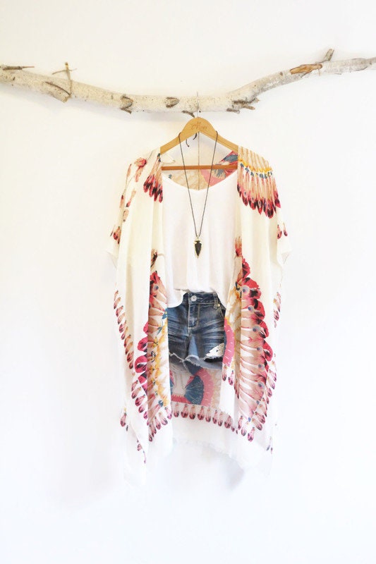 Kimono,SUMMER OF LOVE, Bohemian Kimono with Pink Feather Pattern, Cov…
