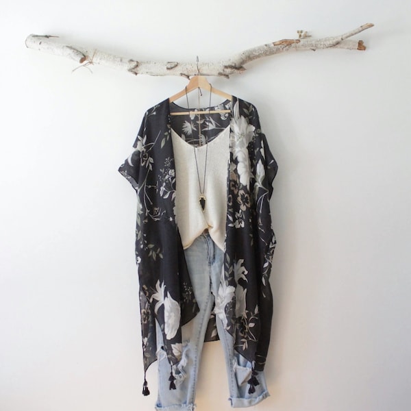 Kimono, FREE BIRD, Kimono Boho stile vestaglia con motivi floreali, Cover-up, abbigliamento da spiaggia, boho, scialle, avvolgente, estate, boho, sposa, kimono