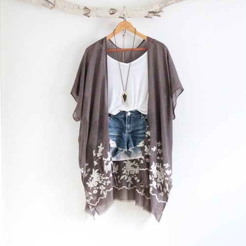 Kimono, APRIL, Bohemian Kimono with White Embroidered Flower Patterns Cover-up, beachwear, bohemian, shawl, wrap, summer, unique, boho