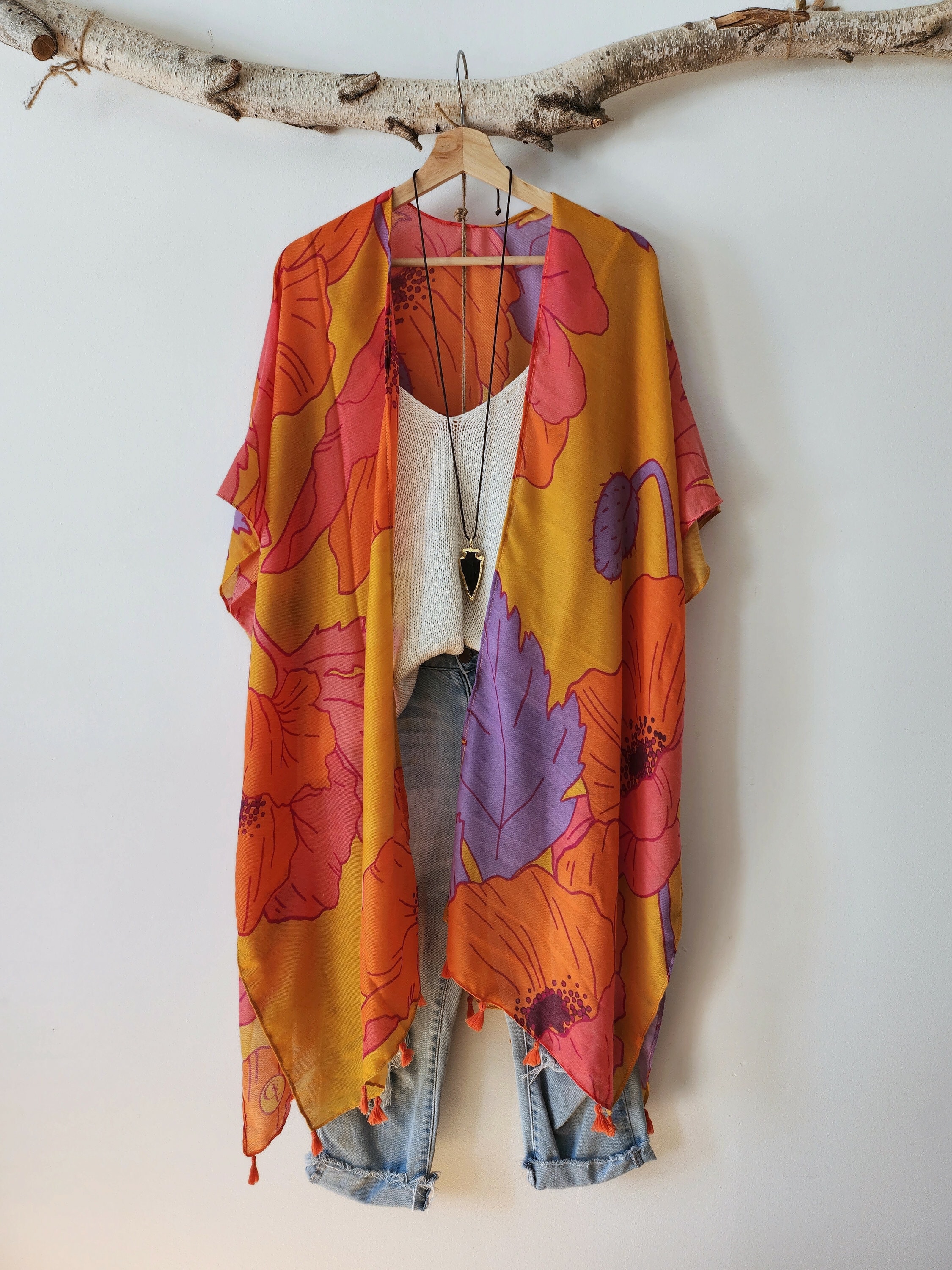 Kimono, ROYAL PURPLE , Flowy Boho Kimono avec motif floral, Cover-up, beachwear, boho, boho, floral