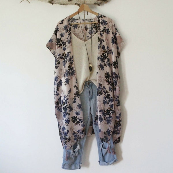 Kimono, FLEUR BLEUE , Kimono Boho Fluide avec Motif Floral, Cover-up, abbigliamento da spiaggia, boho, boho, floreale