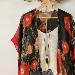 Kimono, COQUELICOTS, Kimono bohème fluide à motif floral, Tunique, tenue de plage, bohème, bohème, floral image 4