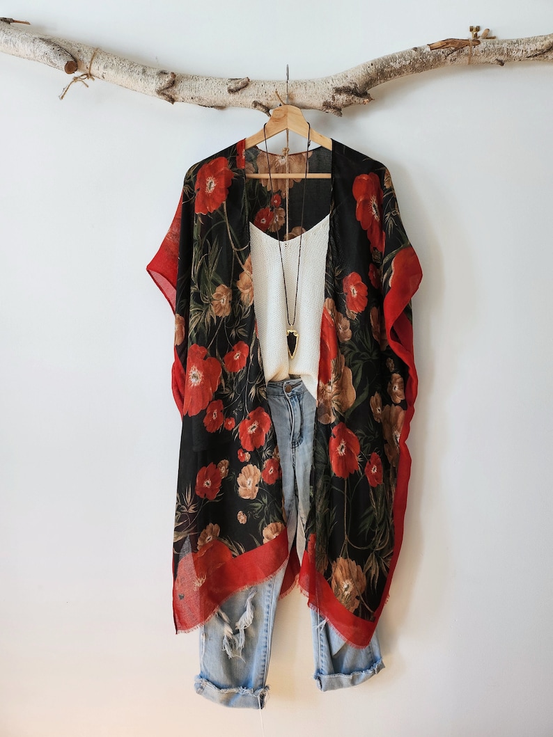 Kimono, COQUELICOTS, Kimono bohème fluide à motif floral, Tunique, tenue de plage, bohème, bohème, floral image 2