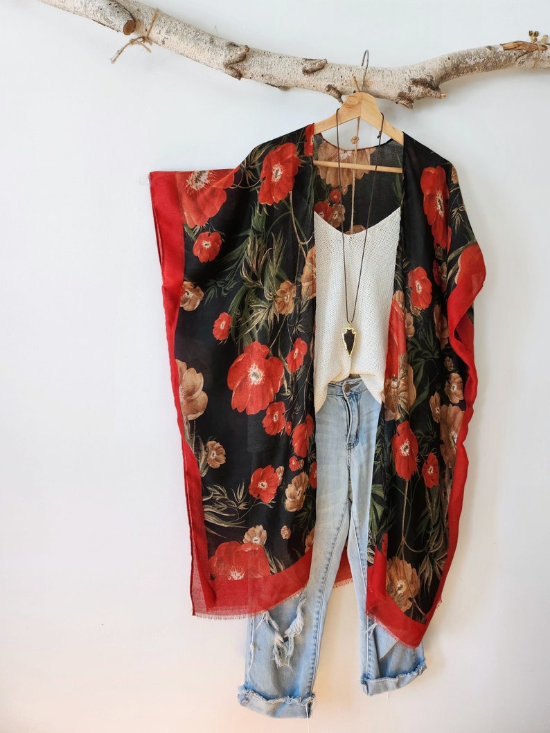 Kimono, COQUELICOTS, Kimono bohème fluide à motif floral, Tunique, tenue de plage, bohème, bohème, floral image 6