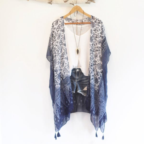 Blue Floral Bohemian Kimono: Semi-Sheer Acrylic Cover-Up