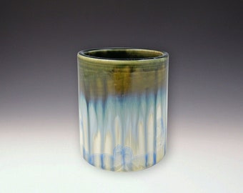 WHISKEY CUP Crystalline Glaze, High Fire Porcelain, Ivory crystal Dark Olive