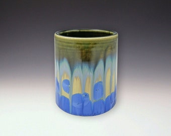 WHISKEY CUP Crystalline Glaze, High Fire Porcelain, Sky Blue crystal Dark Olive
