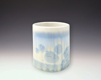 WHISKEY CUP Crystalline Glaze, High Fire Porcelain, Ivory White with Blue
