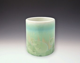 WHISKEY CUP Crystalline Glaze, High Fire Porcelain, Ivory White with Green