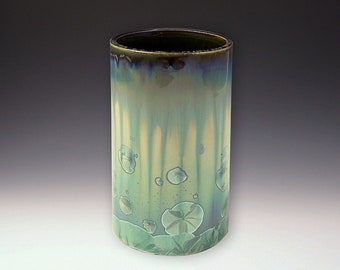 TUMBLER Crystalline Glaze, High Fire Porcelain, Patina Green crystal Dark Olive