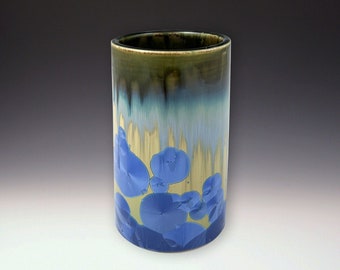 TUMBLER Crystalline Glaze, High Fire Porcelain, Sky Blue crystal Dark Olive