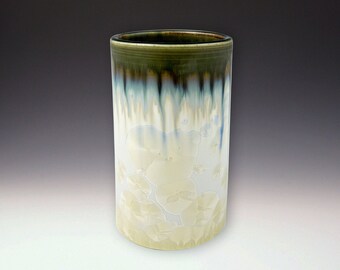 TUMBLER Crystalline Glaze, High Fire Porcelain, Ivory crystal Dark Olive