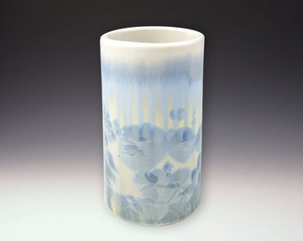 TUMBLER Crystalline Glaze, High Fire Porcelain, Ivory White with Blue