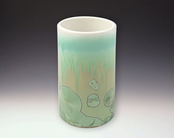 TUMBLER Crystalline Glaze, High Fire Porcelain, Ivory White with Green