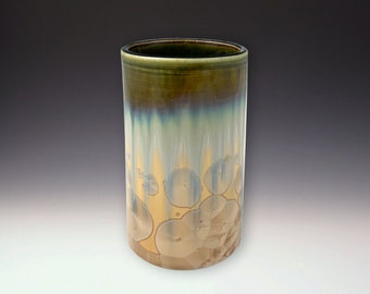 TUMBLER Crystalline Glaze, High Fire Porcelain, Mocha crystal Dark Olive