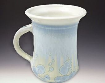 MUG Crystalline Glaze, High Fire Porcelain, Ivory White with Blue