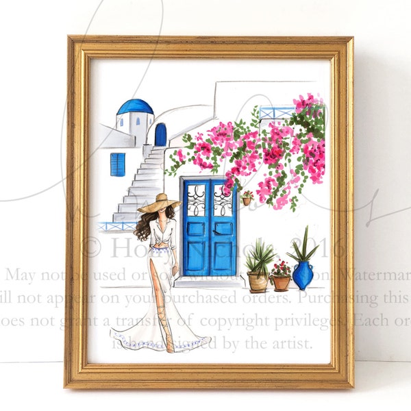 Santorini In Bloom (Fashion Illustration Print, Available in 3 hair colors)