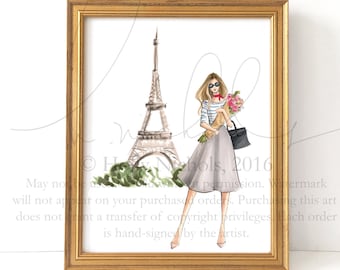 May include: A watercolour illustration of a woman in a grey skirt and a blue and white striped shirt standing in front of the Eiffel Tower in Paris, France. She is holding a bouquet of flowers and a brown handbag. The text "How Nebols, 2016" is in the bottom right corner of the image.