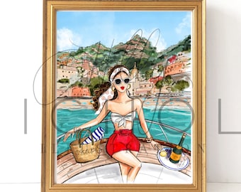 Always Amalfi (Almalfi Coast Fashion Illustration Print) BRUNETTE