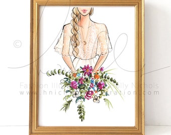 Bohemian Bride (Select hair color and skintone) Bridal Fashion illustration print