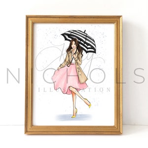 April Showers (Choose Your Hair Color/Skin Tone) Rainy Day Girl Fashion Illustration print