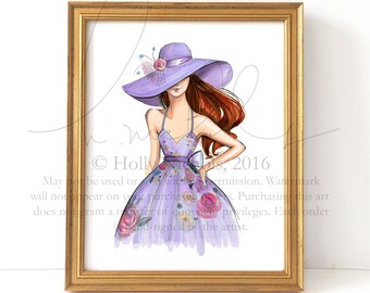 Derby Days (Fashion Illustration Print) (purple dress, red hair)