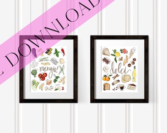 DIGITAL DOWNLOAD Mangia + Dolci Print Duo, Italian Food and Dessert Illustrated Print