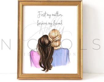 Mother's Day Print Two Figures, Personalize (Choose Your Hair Colors) Fashion Illustration