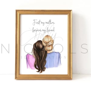 Mother's Day Print Two Figures, Personalize (Choose Your Hair Colors) Fashion Illustration