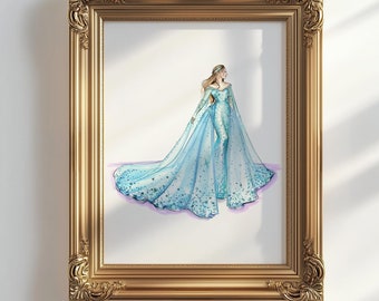 May include: A framed illustration of a woman wearing a light blue gown with a long train and a matching cape. The gown is decorated with small, sparkly details. The woman has long, dark hair and is wearing a crown.
