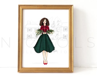 Home for the Holidays (Holiday Fashion Illustration Print) Choose your Hair Color