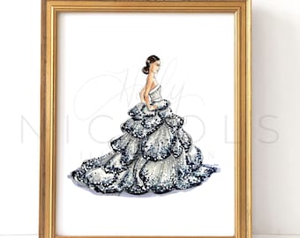 Puede incluir: Una ilustración enmarcada de una mujer con un vestido blanco y negro con una falda grande y con volantes. El vestido está cubierto de lentejuelas y la mujer mira hacia un lado.