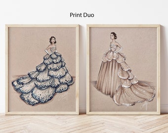 Set of 2, Vintage Sister Gown Prints, simulated texture and small border (Fashion Illustration Print)