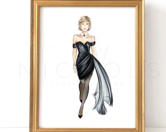 May include: A framed illustration of a woman wearing a black off-the-shoulder dress with a flowing sheer skirt. The woman has short blonde hair and is wearing a necklace with a blue gemstone.