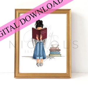 DIGITALER DOWNLOAD The Fine Art of Staying In, Mädchen beim Lesen, schwarzes Haar (Instant Printable Fashion Illustration)