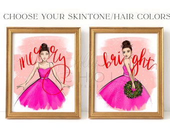 Merry and Bright, Print Set of 2 (Choose your Hair Color and Skintone) Holiday Fashion Illustration Print