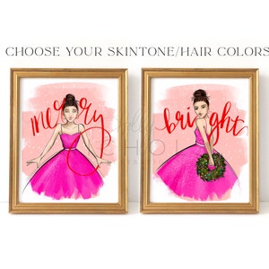 Merry and Bright, Print Set of 2 (Choose your Hair Color and Skintone) Holiday Fashion Illustration Print