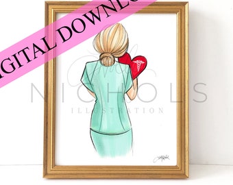 DIGITAL DOWNLOAD Nurses Are Heroes, Blonde (Instant Printable Fashion Illustration Print)