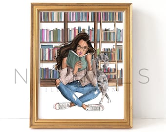 Fille de la bibliothèque (impression illustration de mode) Fille lisant avec un chat