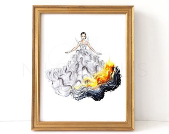 Puede incluir: Una ilustración de acuarela de una mujer con un vestido blanco con un diseño de llamas negras y amarillas. El vestido es fluido y la mujer está de pie con los brazos extendidos.