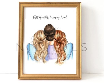 Mother's Day, Semi-Custom Print, Three Figures (Choose Your Hair Colors and add your own text)